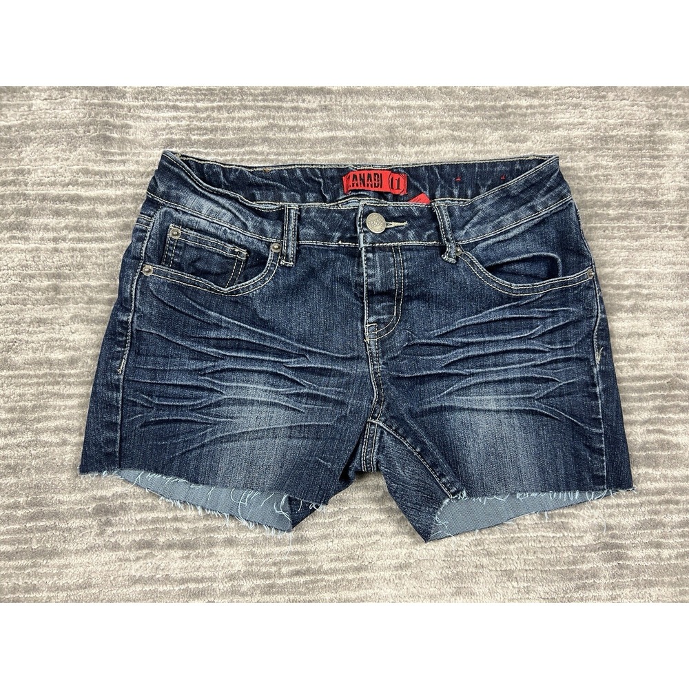 Zanadi Denim Shorts Womens 11 Blue Dark Wash Raw Hem Whiskered Stretch Cut Off